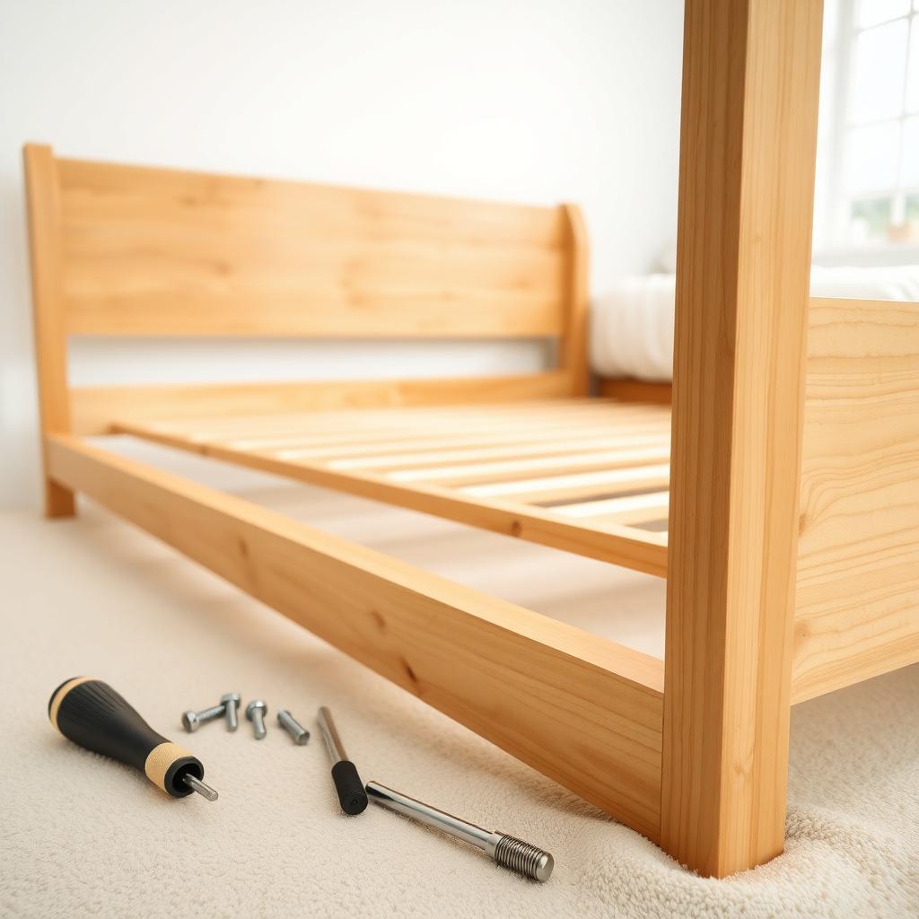 Partially assembled wooden bed frame with tools in a bright bedroom