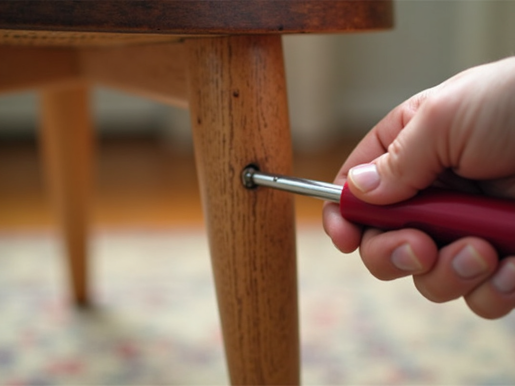 Tightening a bolt on a chair leg with a screwdriver.