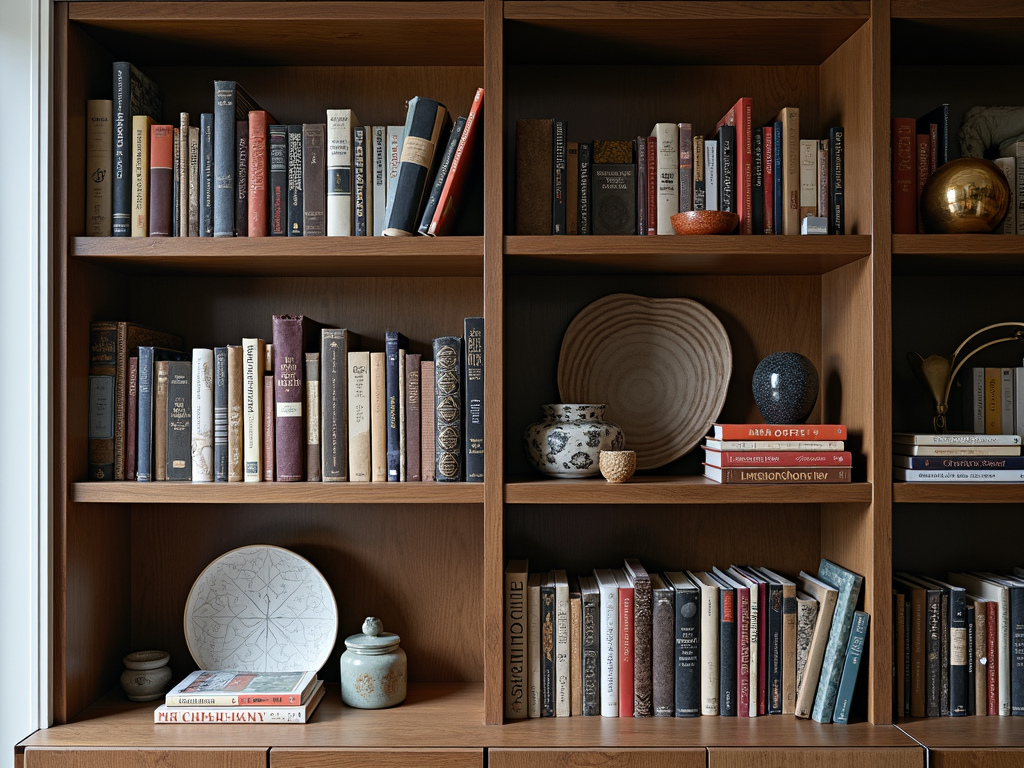 Bookshelf styled with decorative items like vases and picture frames.