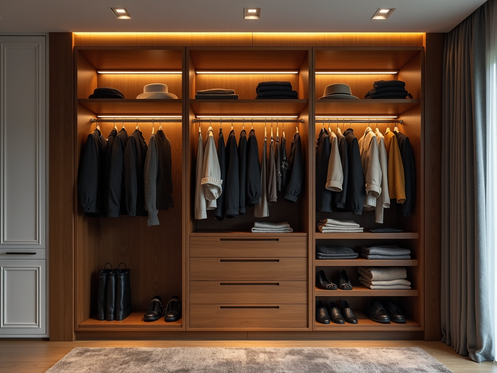 A detailed view of a modern armoire showcasing its interior organization.