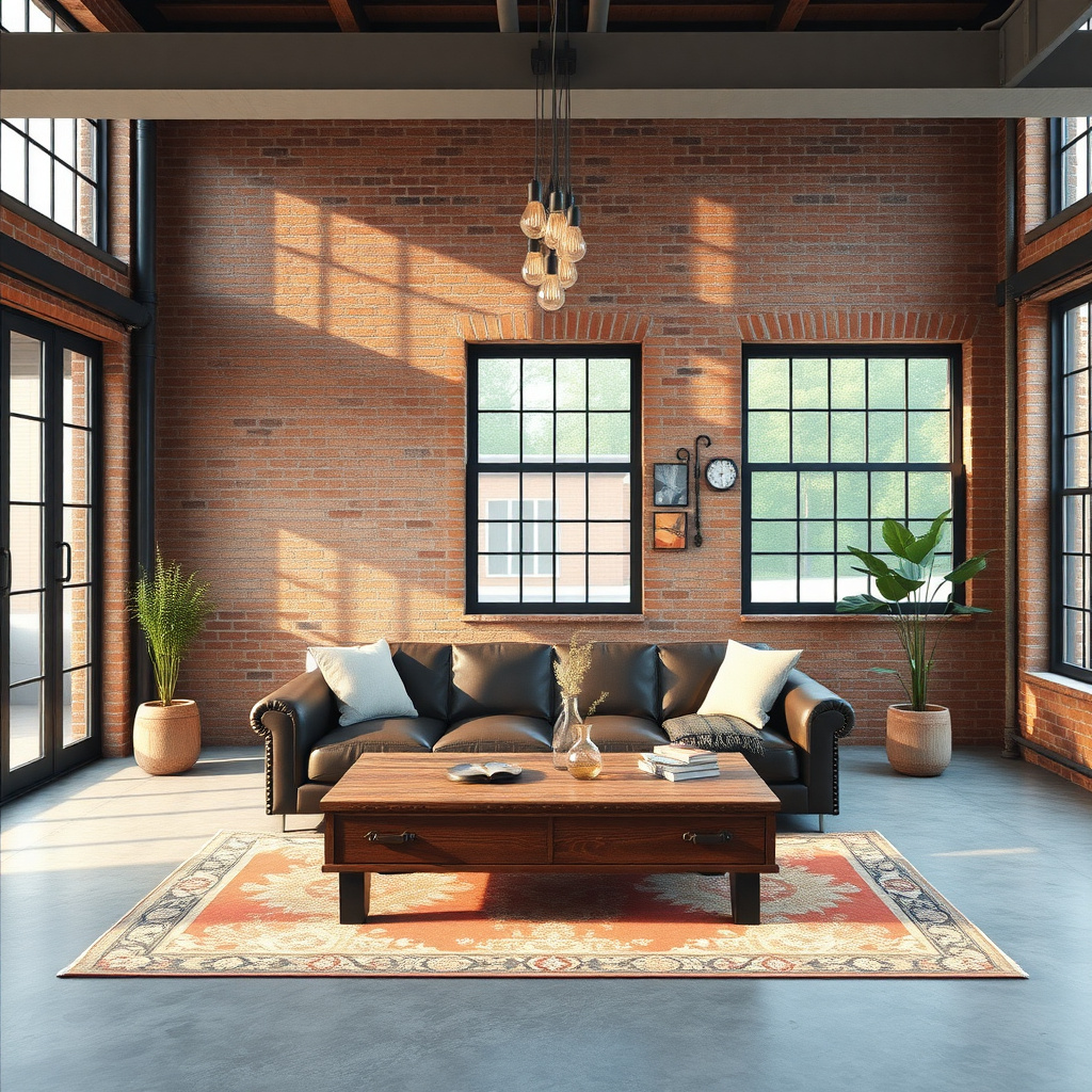 Industrial chic living room with exposed bricks and metal elements