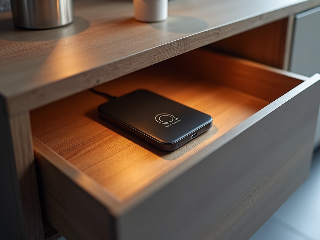 A smart cabinet with LED lighting and wireless charging.