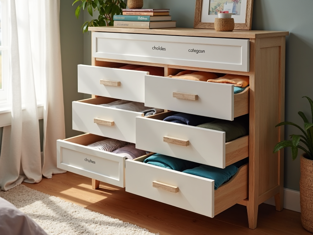A six-drawer dresser with labeled drawers for different categories of clothing.