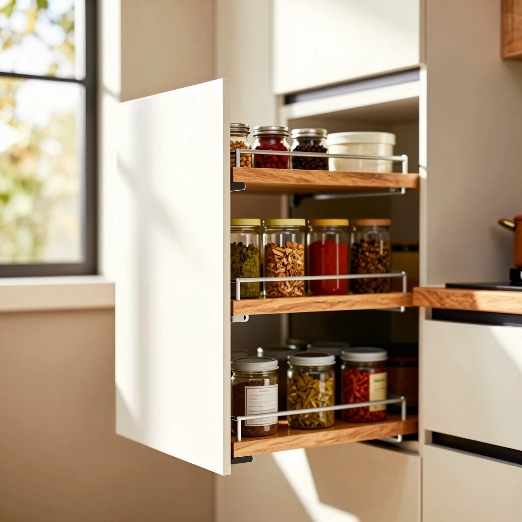 Pull-out pantry shelves in a small kitchen maximizing vertical storage