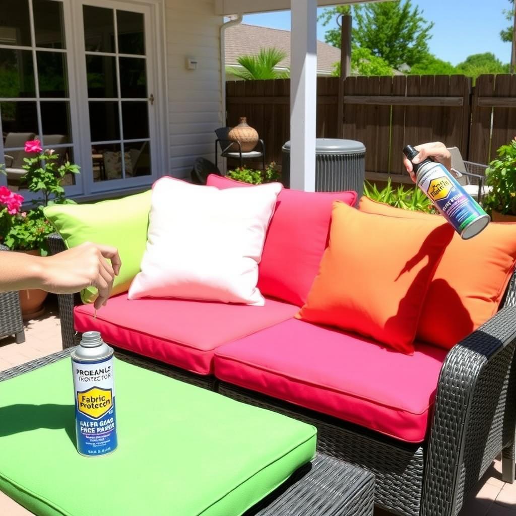 Person spraying fabric protector on bright outdoor cushions arranged on wicker patio furniture under a sunny sky.