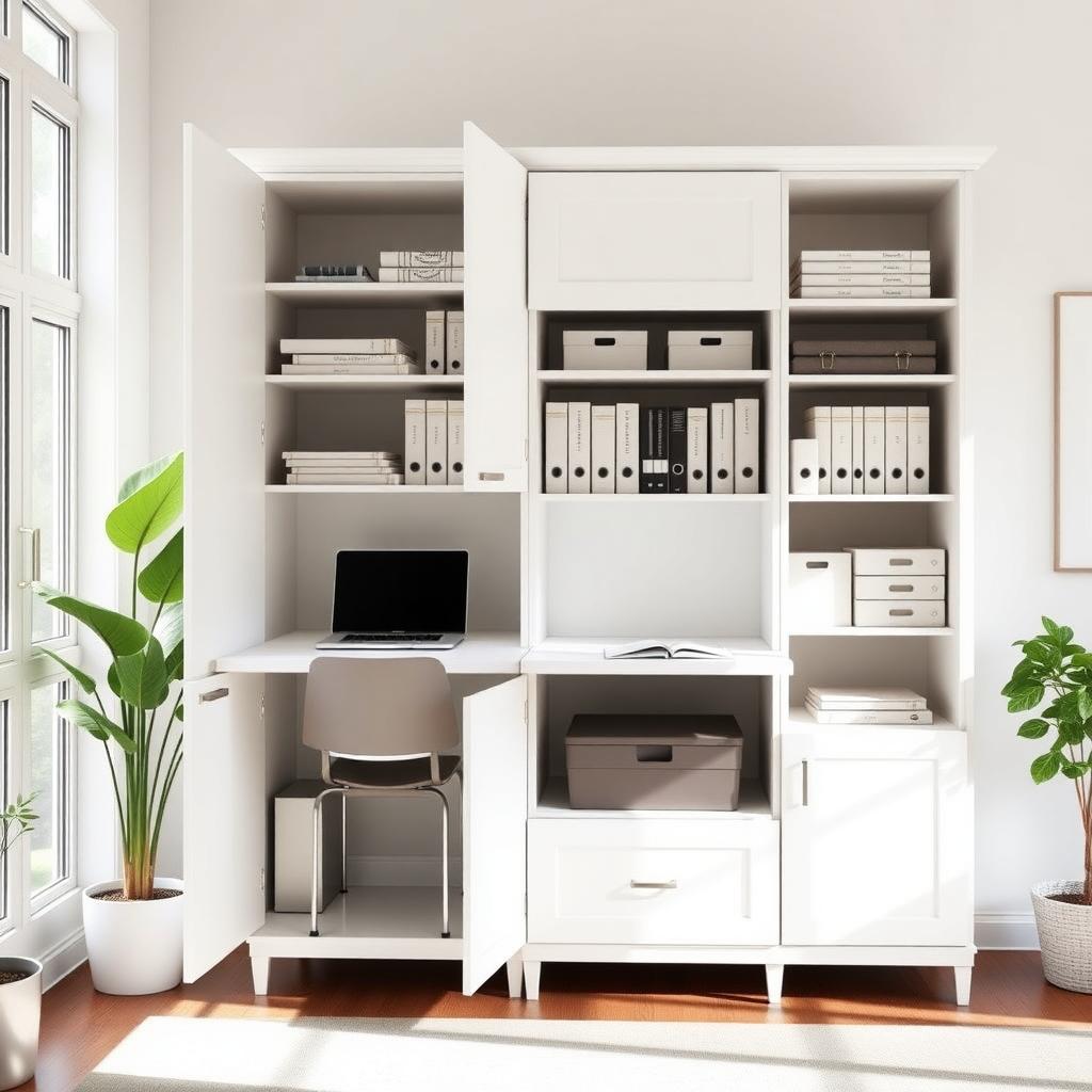 White modern office armoire with a fold-out desk and organized shelves in a bright home office.