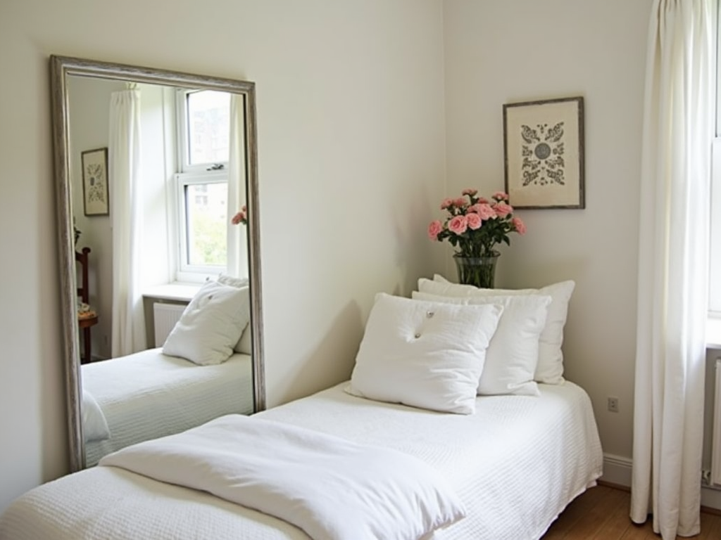 A small bedroom with a large mirror reflecting natural light.
