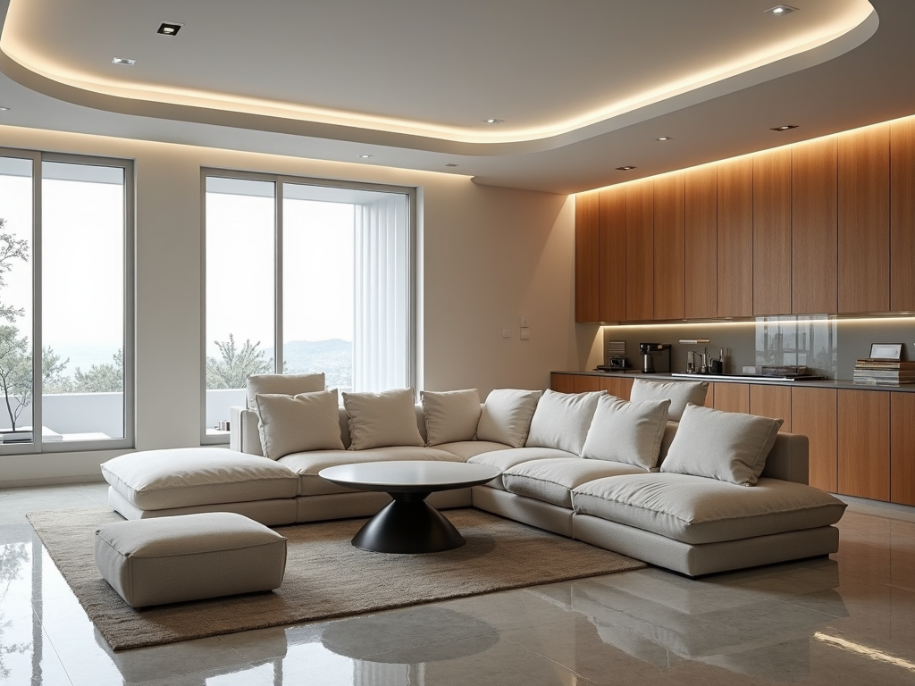 Futuristic living room with transforming sofa and modular furniture.