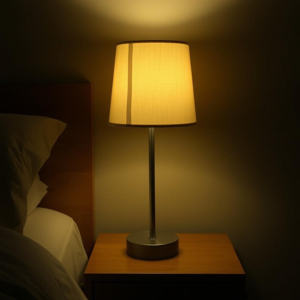 A nightstand with a soft-glow lamp in a cozy room.