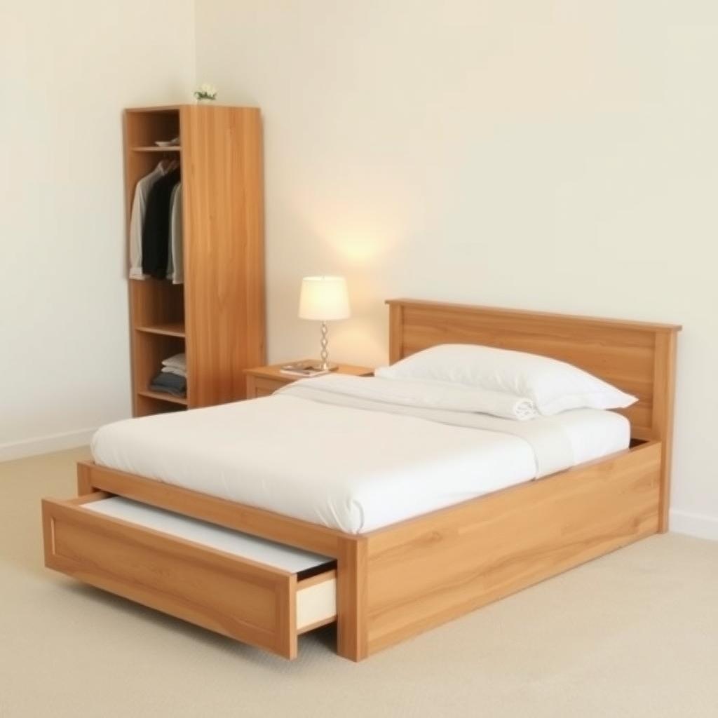 A serene bedroom with a wooden bed, built-in drawers, and a tall cabinet for organized storage.