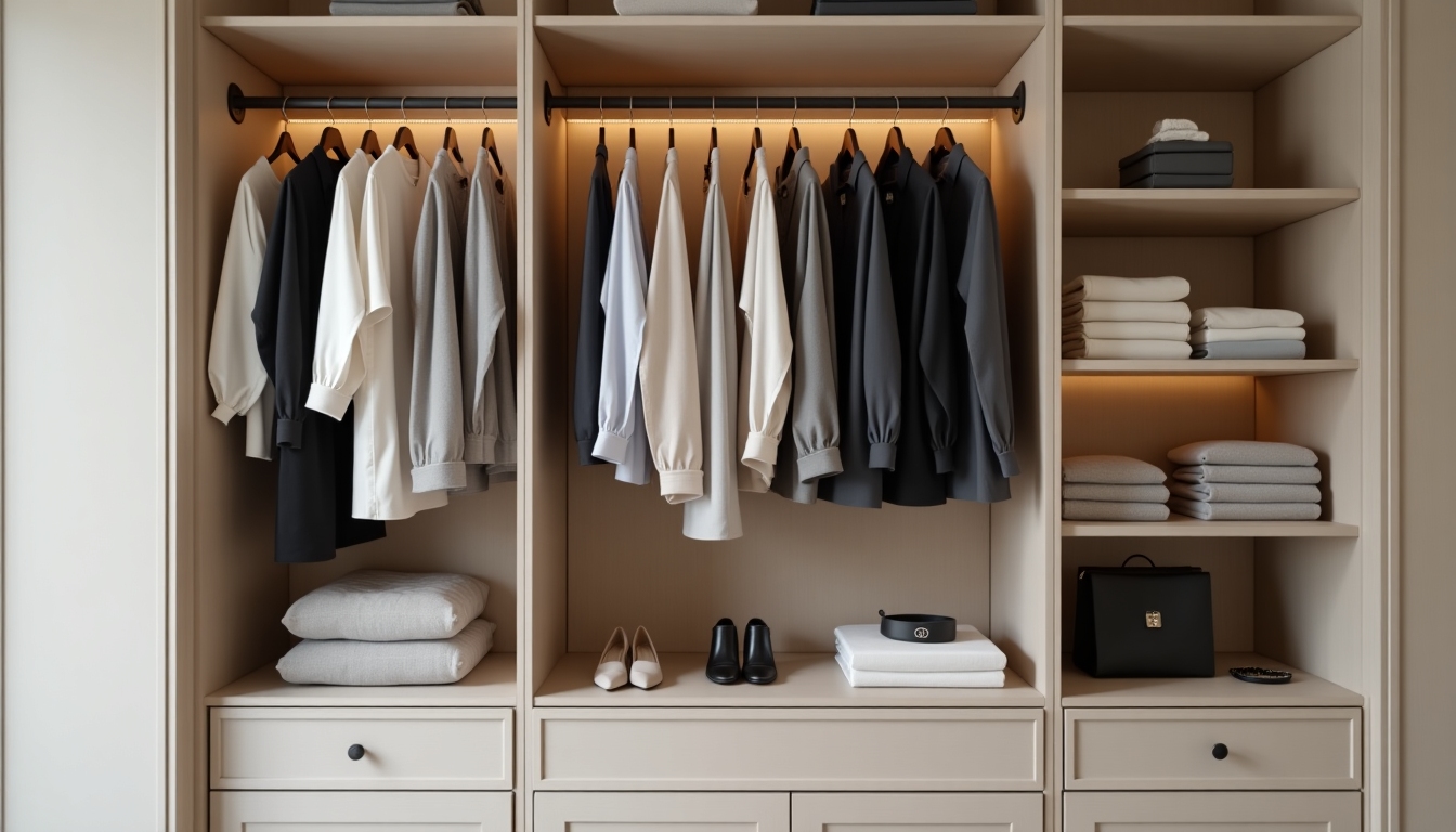 Interior of a minimalist armoire showing organized clothes and accessories neatly.