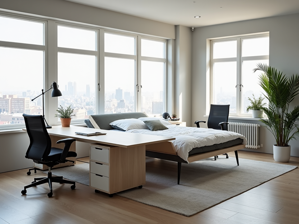 Modern office with transformable bed-desk furniture