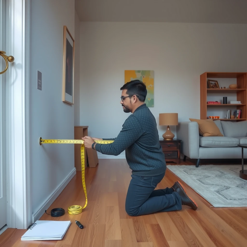 Person measuring room dimensions with a tape measure to plan furniture placement