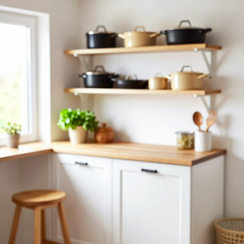 Cozy small kitchen featuring space-efficient white cabinets and organized storage.