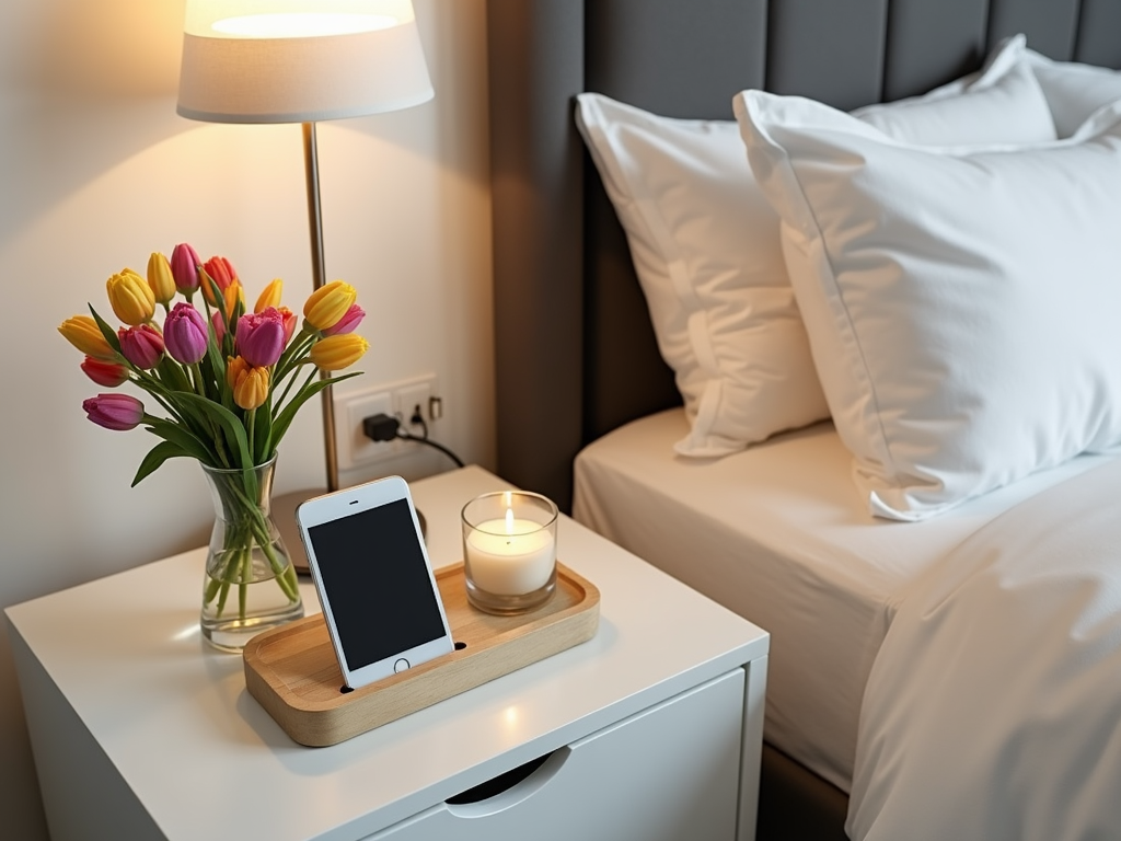 Personalized nightstand with flowers and candle