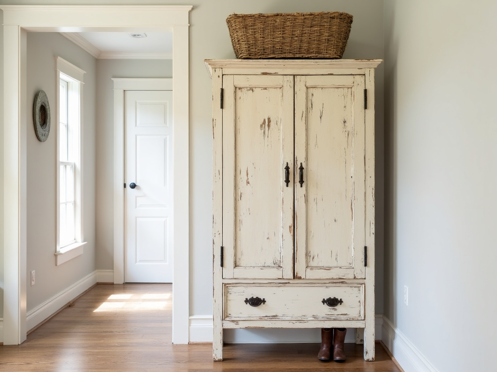 Rustic farmhouse armoire in a hallway