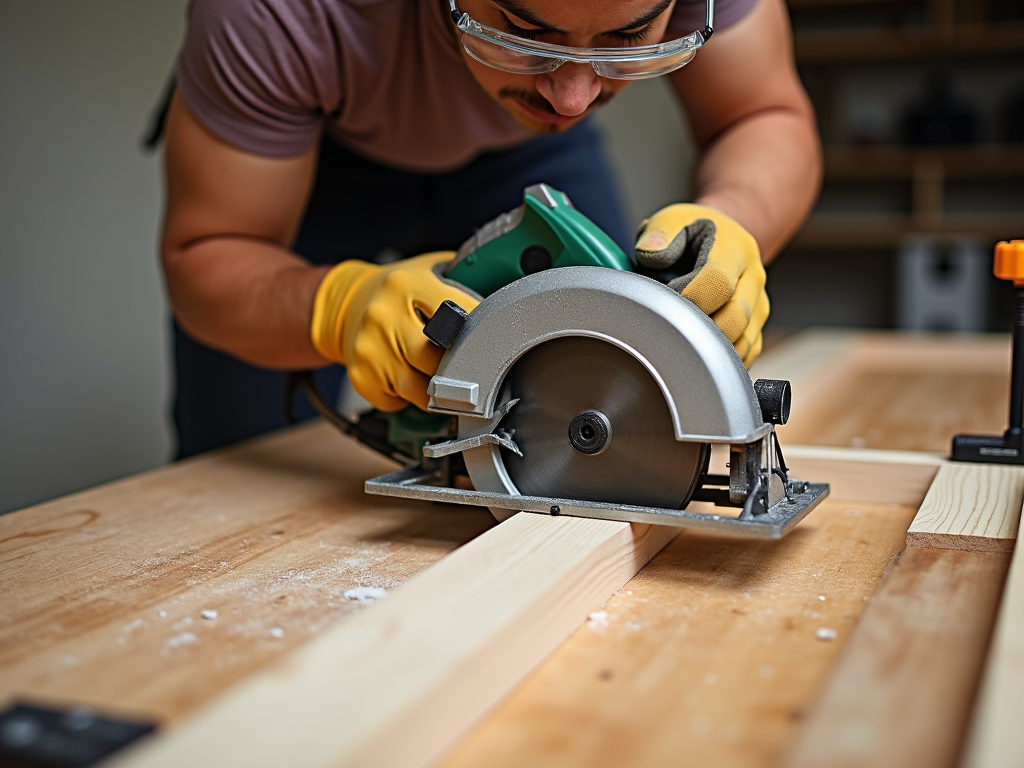 Safely using a circular saw to cut wood for a bookshelf