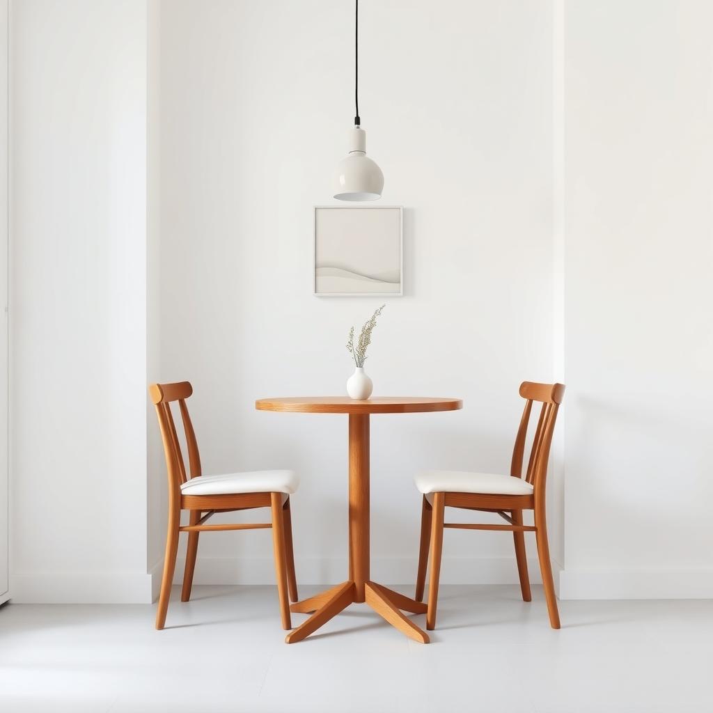 Minimalist dining area with a round table, chairs, and pendant light.