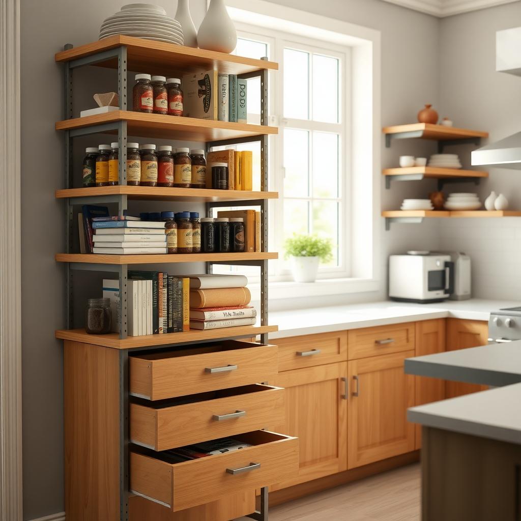 Kitchen with a modular storage unit organizing spices, cookbooks, and appliances.