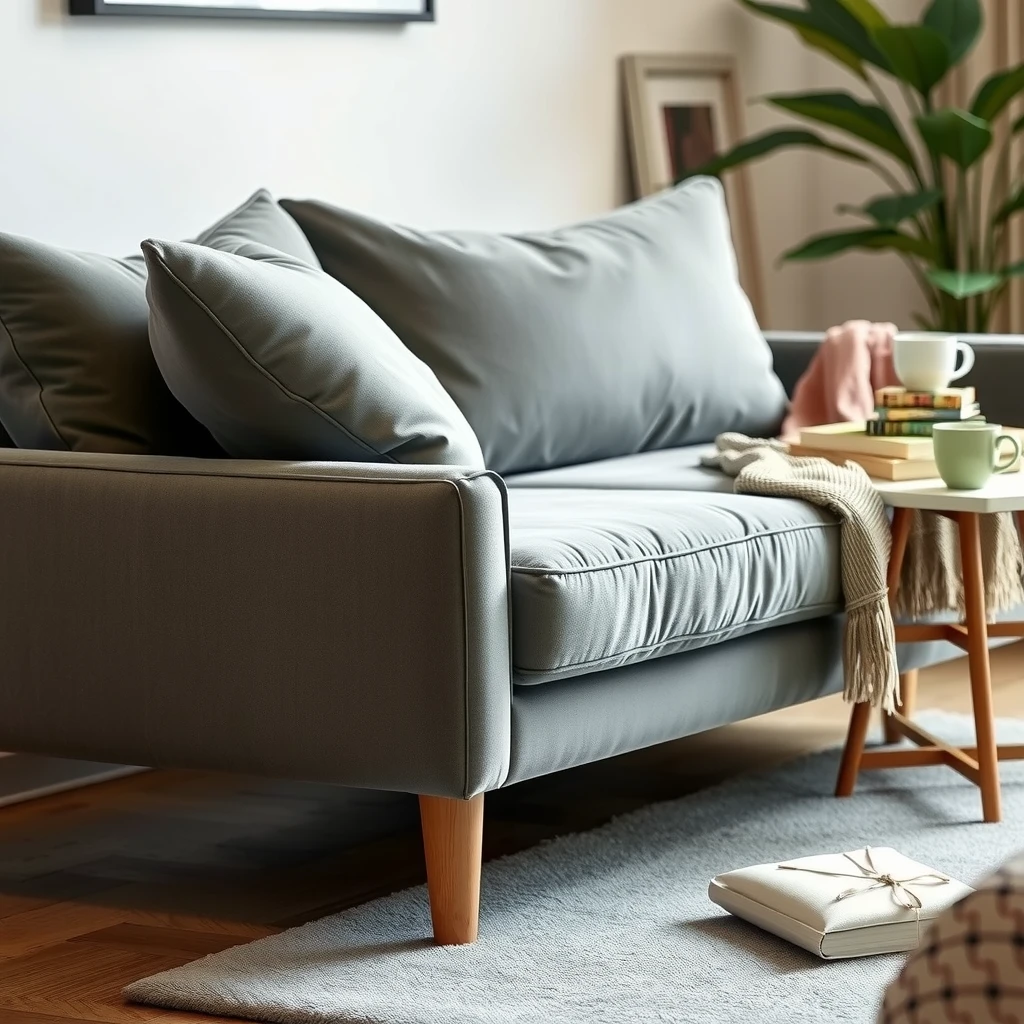 Comfortable gray velvet sofa in a living room setting