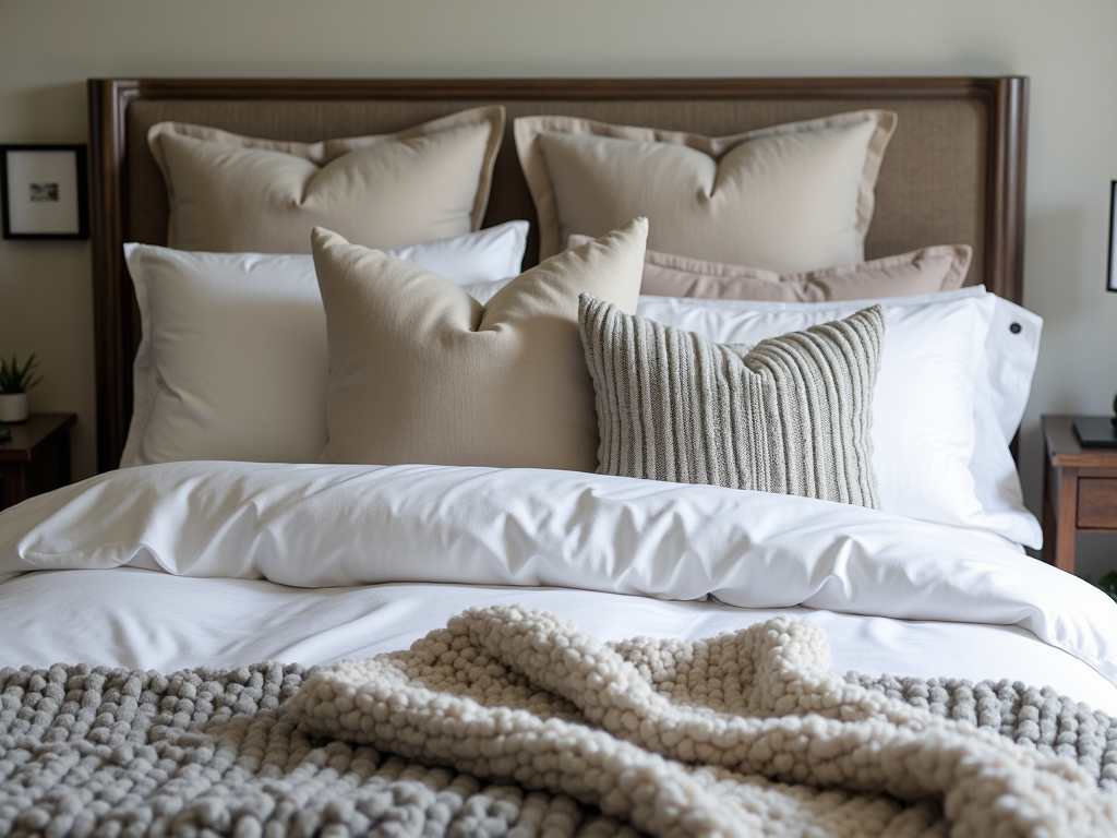 A cozy bed with layered bedding and throw pillows.