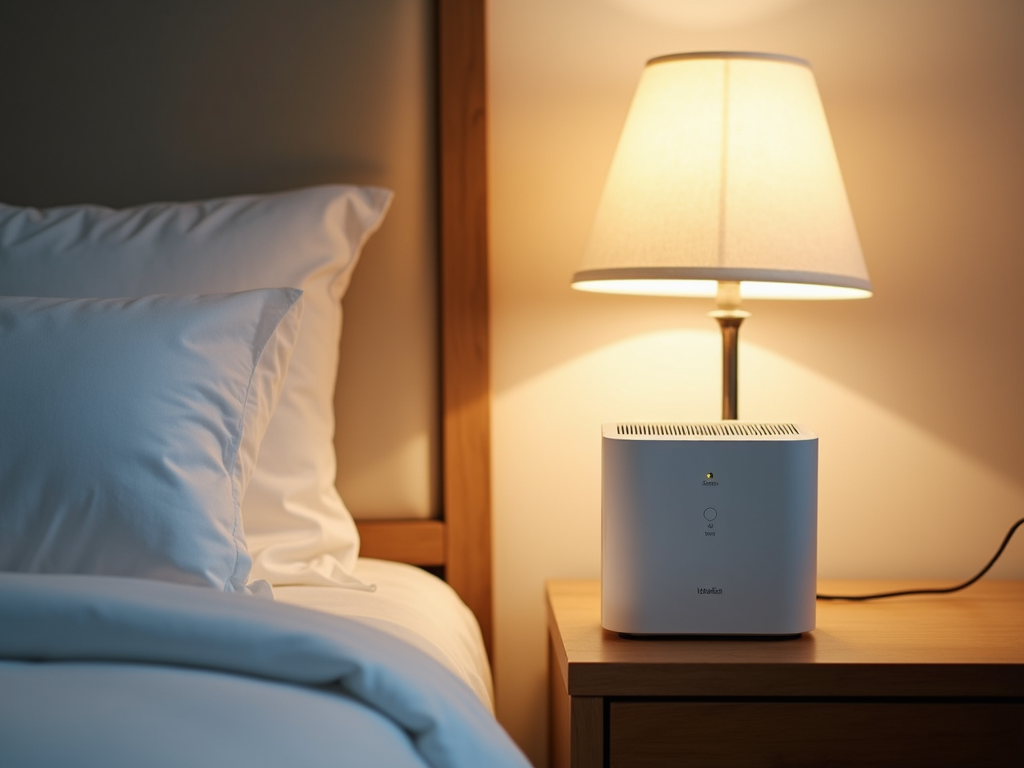 Bedroom with a white noise machine for soothing sounds