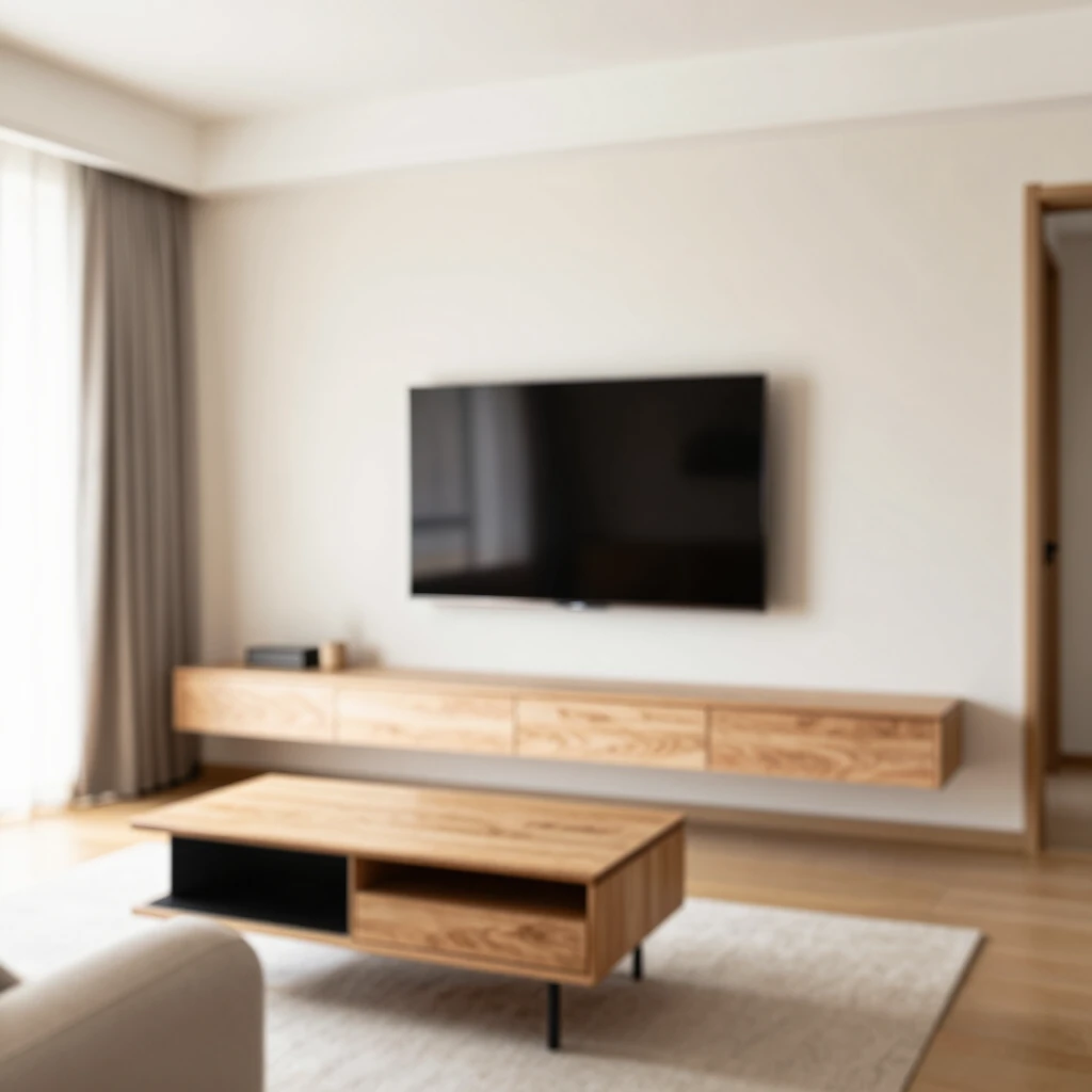 Small living room with space-maximizing floating furniture and wall-mounted TV