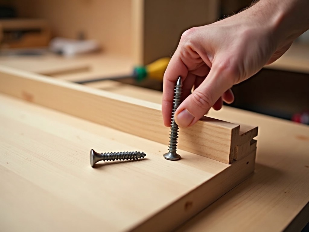 A hand holding a screw and a screwdriver next to wooden cabinet parts.