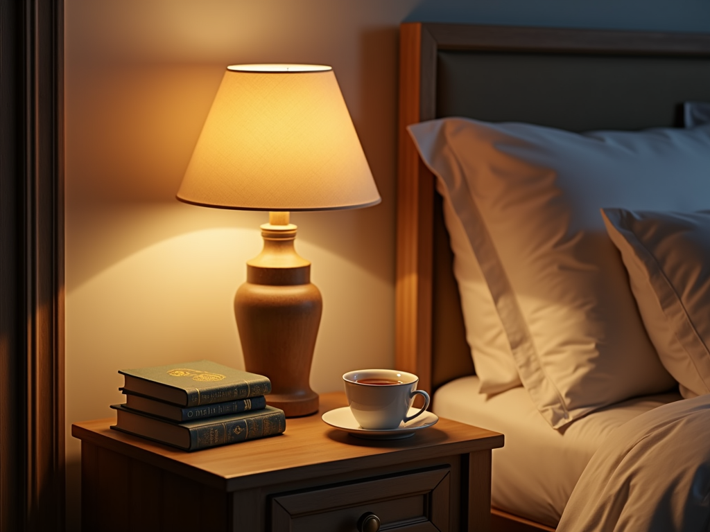 A cozy bedside setup with a lamp and books