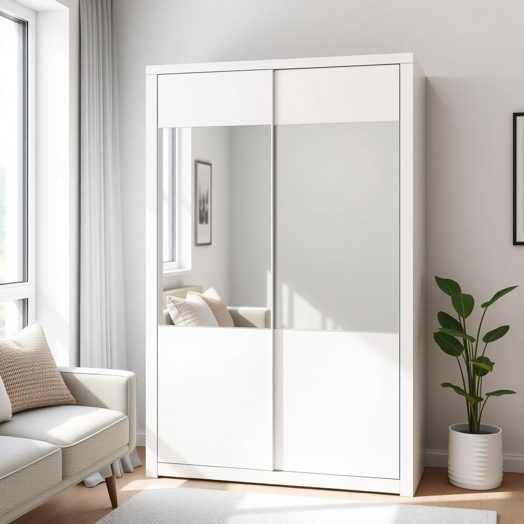 Modern white armoire with sliding mirror door in a cozy apartment living room