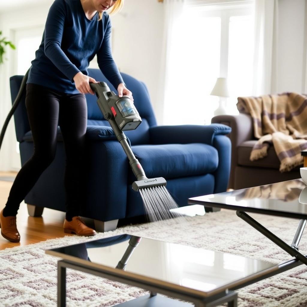 Person vacuuming a recliner with a handheld vacuum in a bright living room.