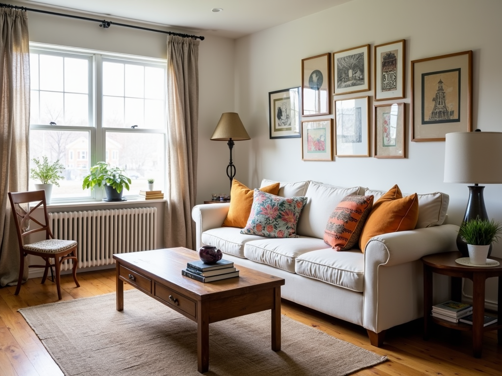 Budget-friendly living room decor with secondhand furniture and DIY accents