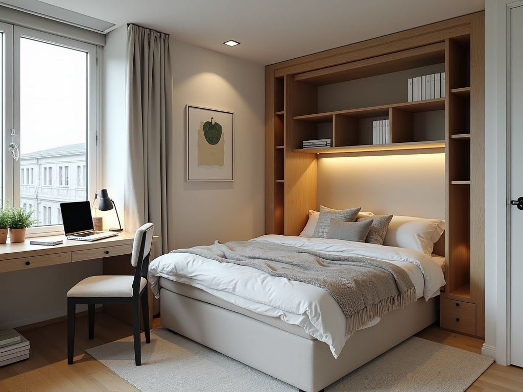 A Murphy bed folded up to reveal a workspace in a small bedroom.
