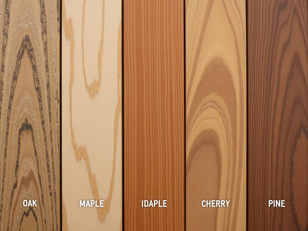 Different types of wood used in furniture, displaying unique grains and colors.
