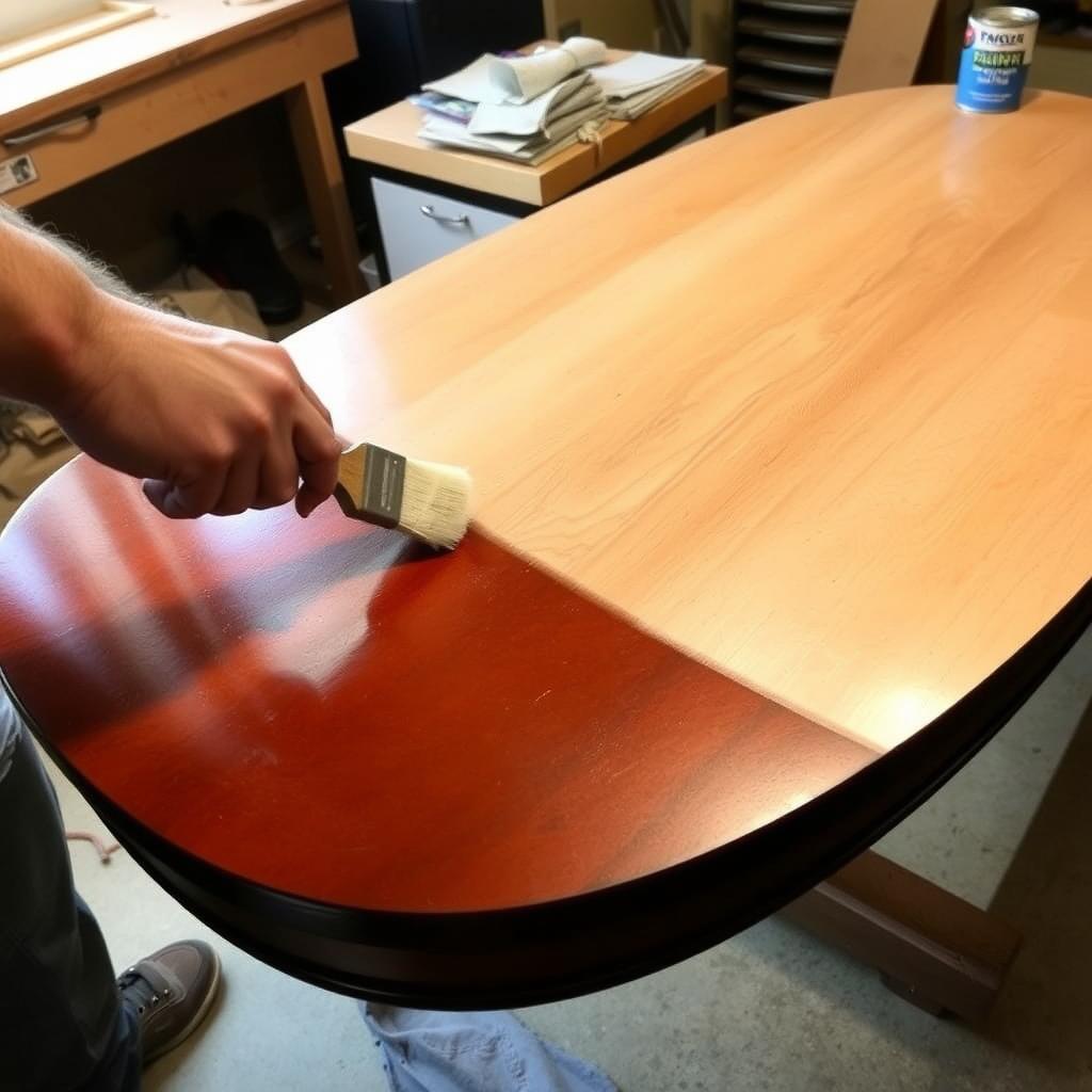 Person applying polyurethane finish to a wooden dining table
