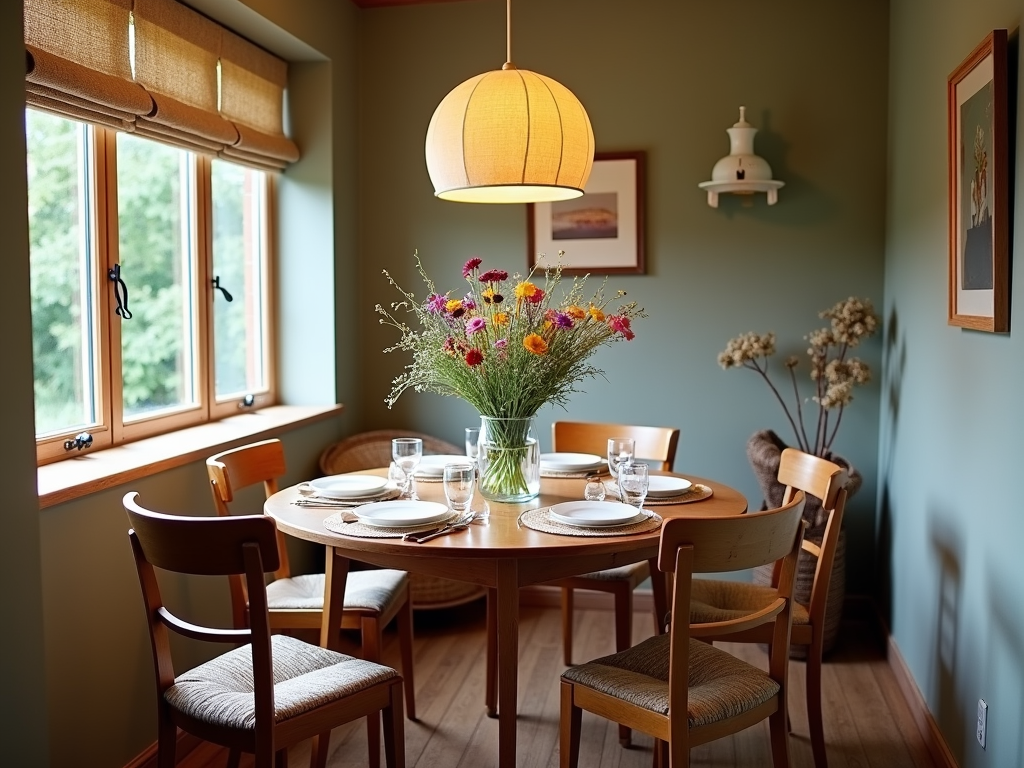 Cozy dining nook with round table setup