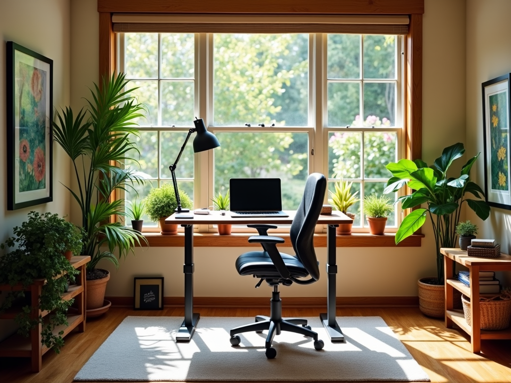 A well-optimized home office with natural light and ergonomic furniture.