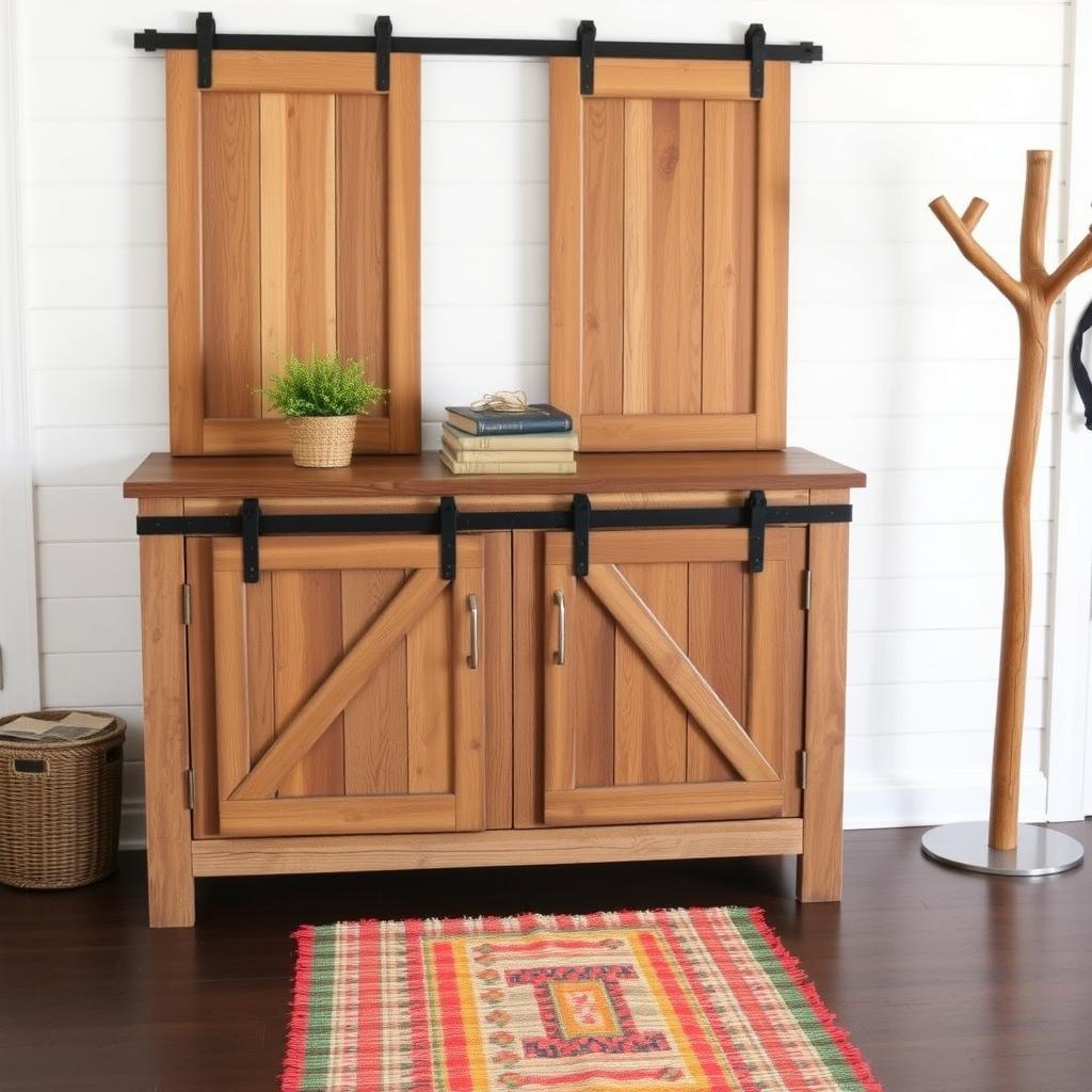 Rustic reclaimed wood sideboard with barn door panels in a cozy entryway