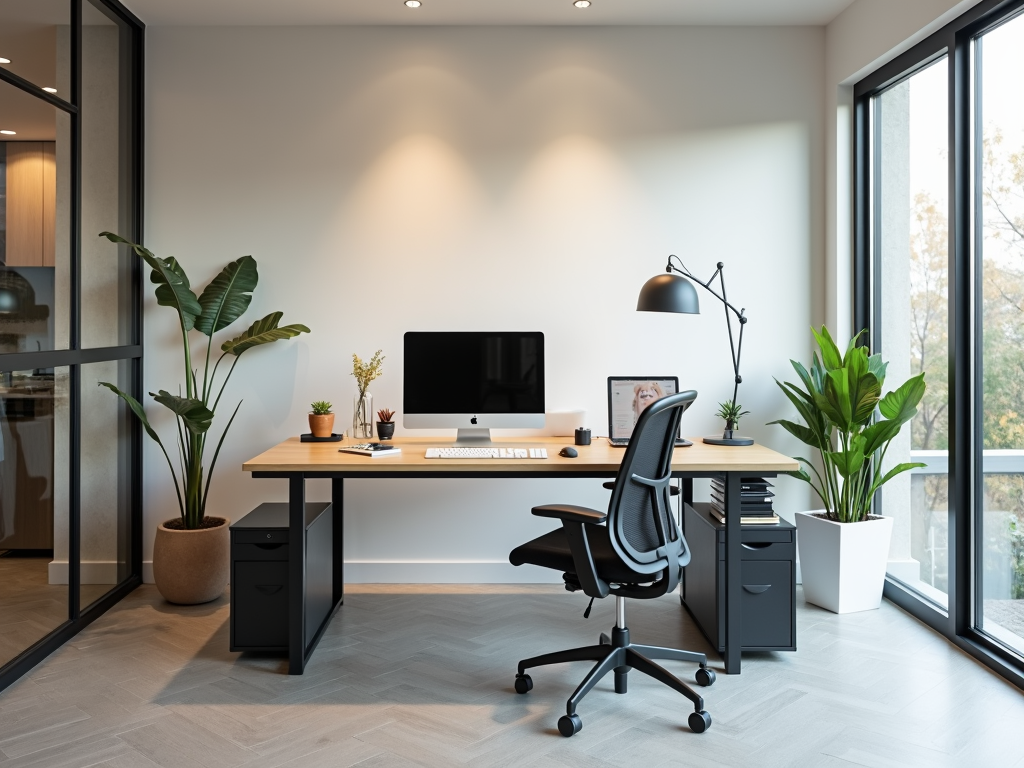 A bright office with a standing desk and a comfortable chair