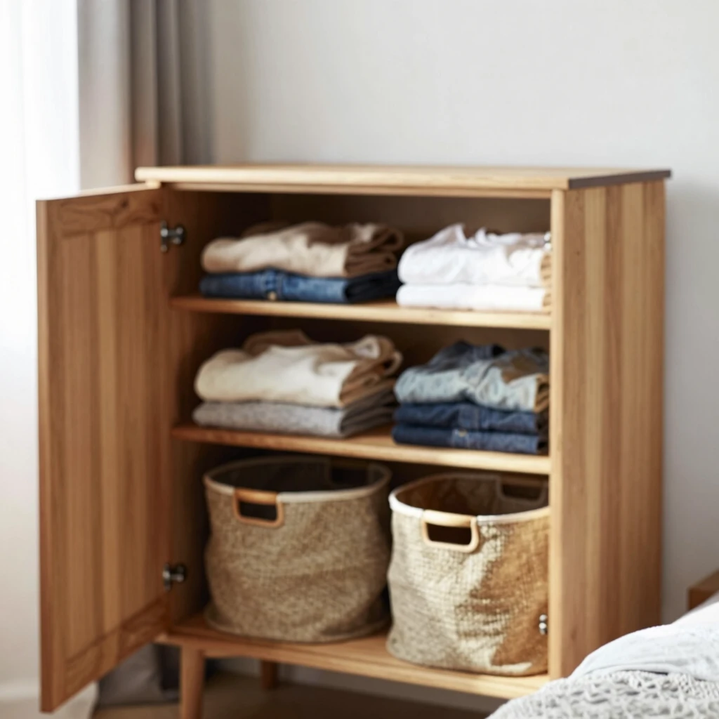 Beautifully organized wooden armoire showcasing sustainable clothing storage with folded clothes and natural materials