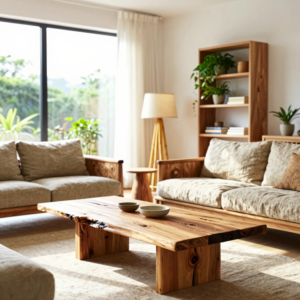Modern living room furnished with sustainable wooden and natural-fiber pieces
