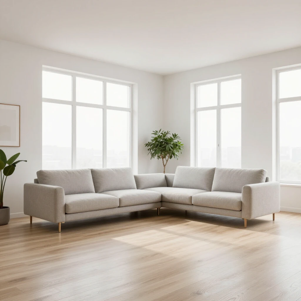 Serene minimalist living room with neutral tones and multifunctional furniture