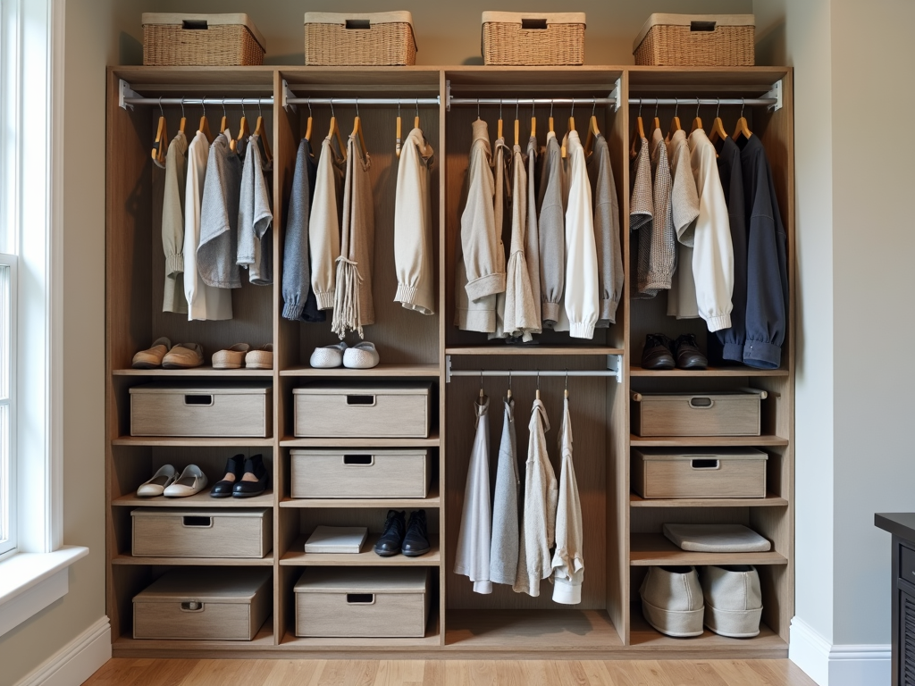 A closet with stackable bins and baskets organizing clothes and accessories.