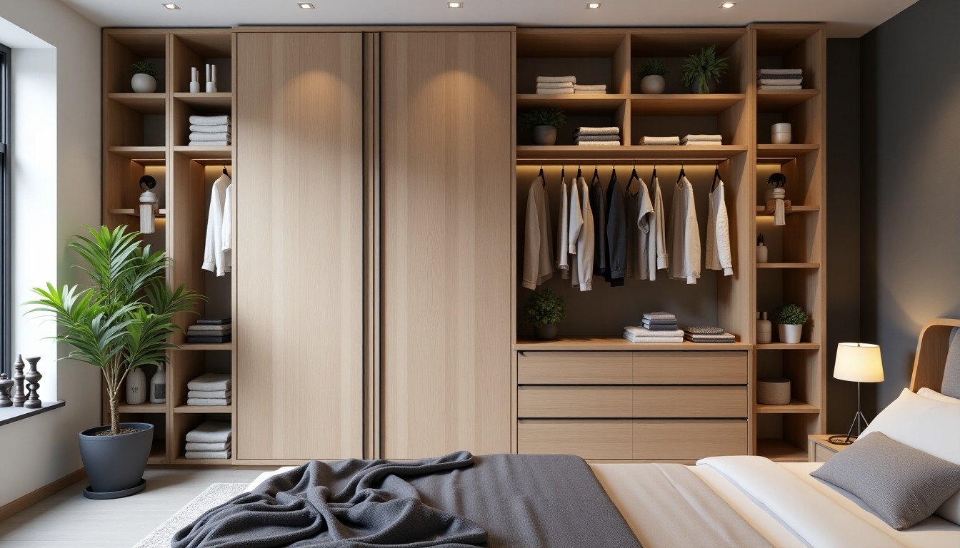 A bedroom featuring organized, space-saving cabinet furniture.