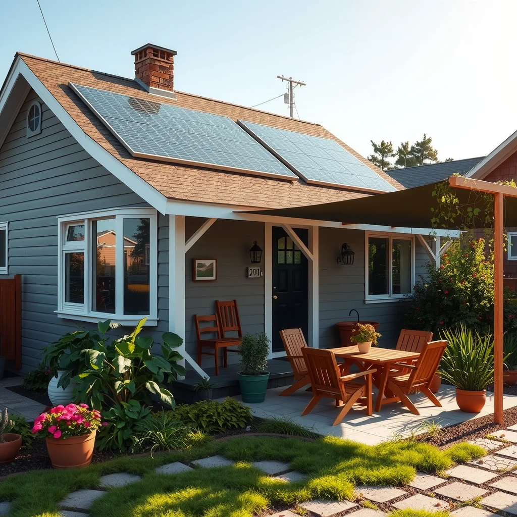 Modern eco-friendly home with solar panels and garden