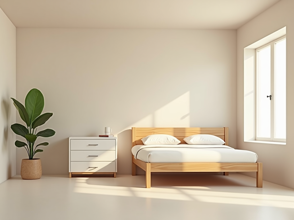 Minimalist bedroom with bed and dresser