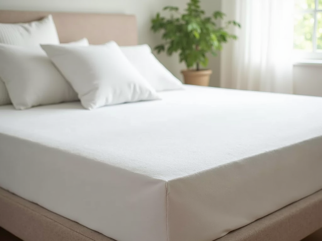 Bed with mattress protector in a cozy room