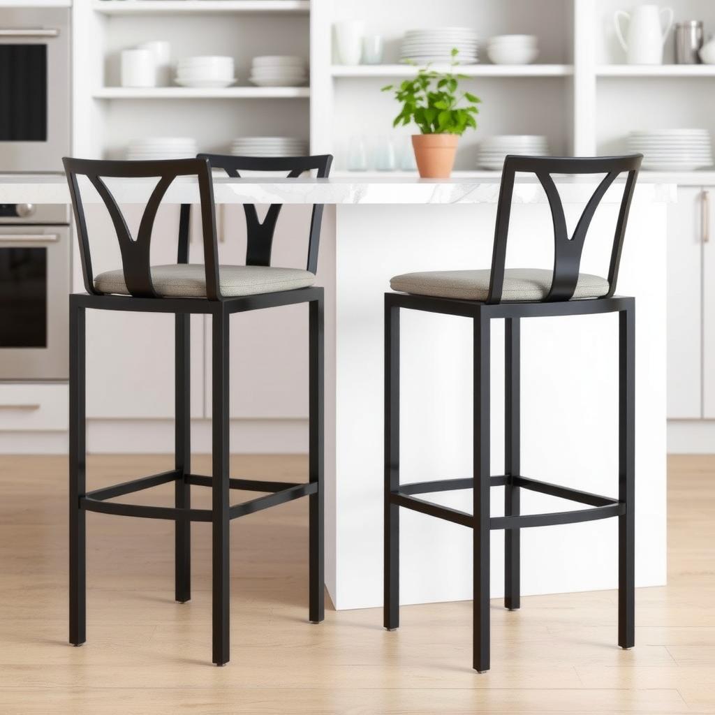 Modern kitchen island with two sleek bar stools and a marble countertop.