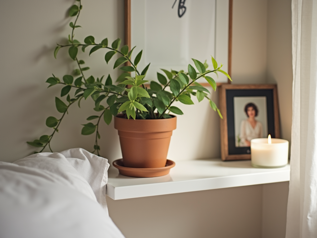 A bedroom shelf with personal decor items