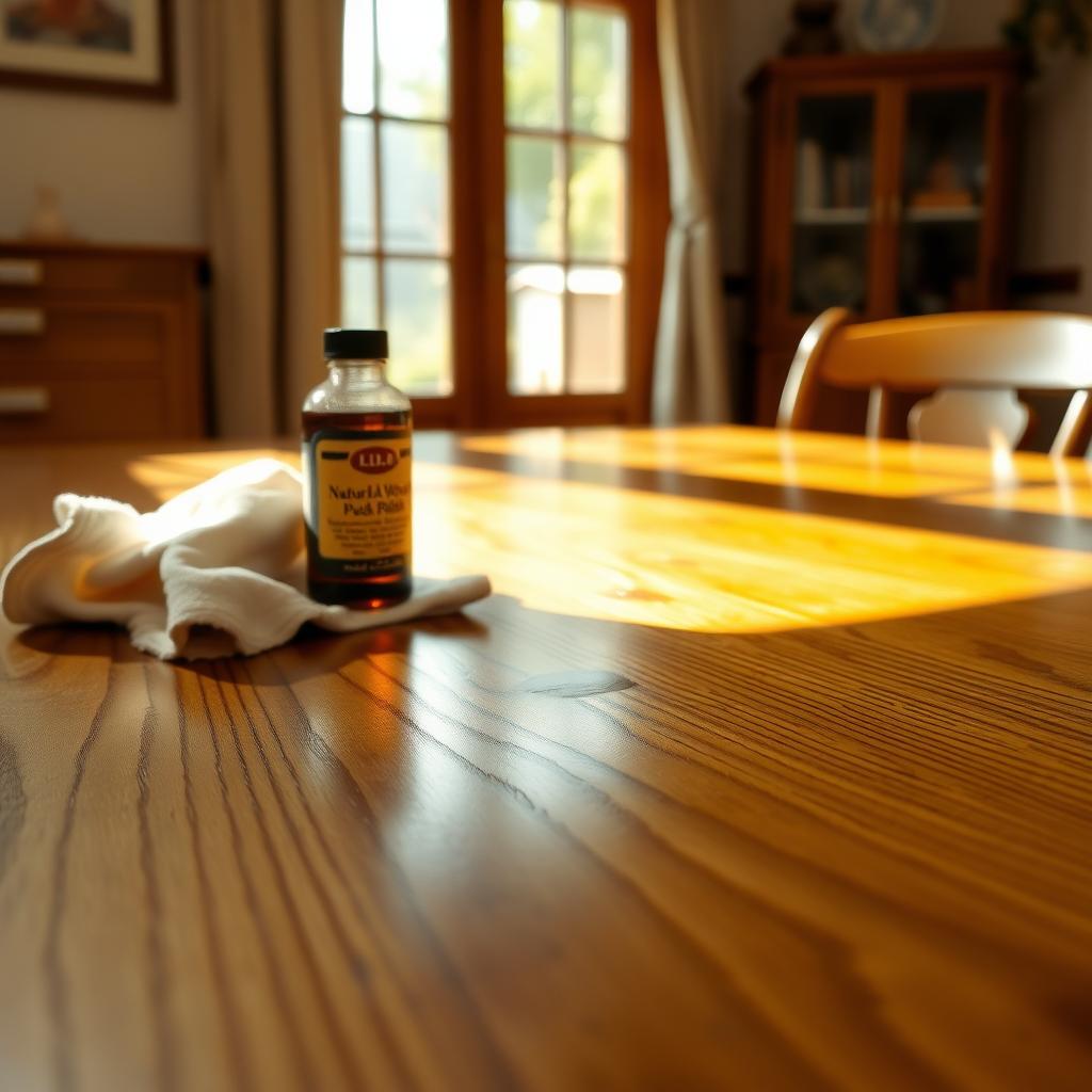 Polished wooden dining table with a cloth and wood polish bottle in a bright dining room